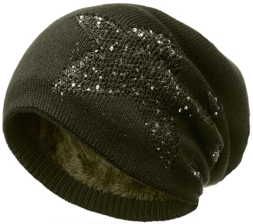 Mütze Long Beanie Slouch Unisex mit Stern gefüttert mit Teddyfleece