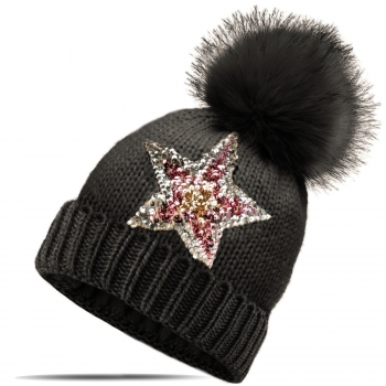 Strickmütze Glitzer Pailletten Stern Wintermütze mit Teddyfutter und Fellbommel