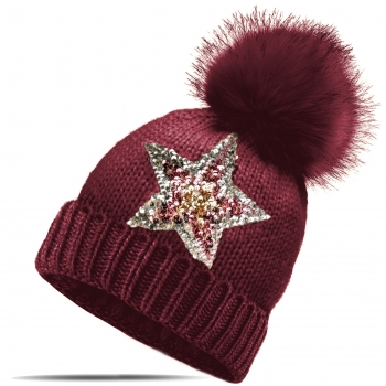 Strickmütze Glitzer Pailletten Stern Wintermütze mit Teddyfutter und Fellbommel