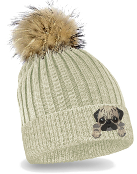 Preview: Mops Strickmütze mit Bommel Kinder Beanie Hund