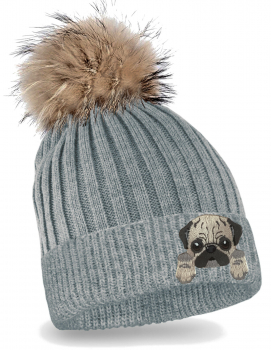 Preview: Mops Strickmütze mit Bommel Kinder Beanie Hund