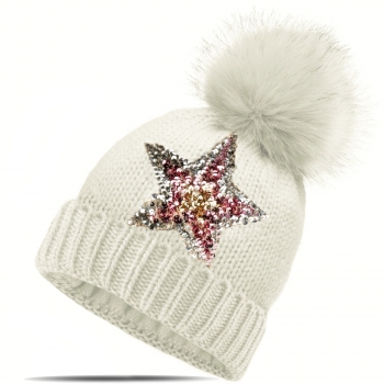 Strickmütze Glitzer Pailletten Stern Wintermütze mit Teddyfutter und Fellbommel