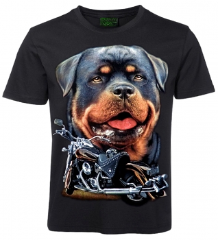 Tiermotiv T-Shirt Rottweiler mit Motorrad