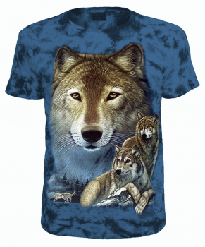 Tiermotiv T-Shirt Wolfskopf mit Wolfspaar Blau Batik