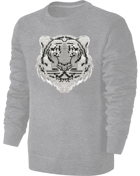 Kinder Wendepailletten Sweatshirt Tiger - Streichel Pullover Pulli Hoodie - Grau