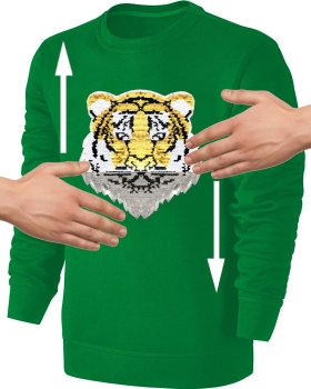 Kinder Wendepailletten Sweatshirt Tiger Streichel Pullover Pulli Hoodie Grün