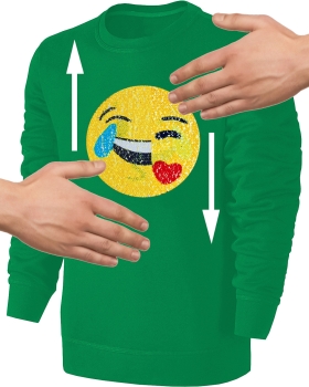Kinder Wendepailletten Sweatshirt Emoticon Kussmund / Lachtränen - Streichel Pullover Pulli Hoodie - Grün