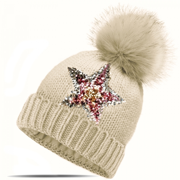 Strickmütze Glitzer Pailletten Stern Wintermütze mit Teddyfutter und Fellbommel