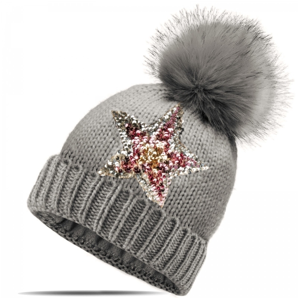 Strickmütze Glitzer Pailletten Stern Wintermütze mit Teddyfutter und Fellbommel