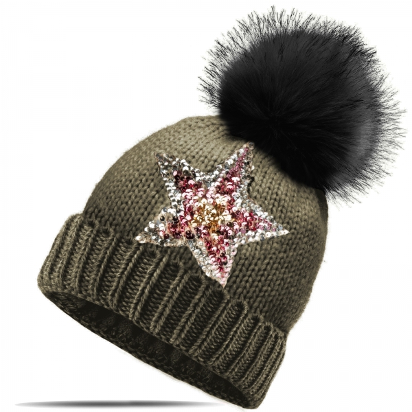 Strickmütze Glitzer Pailletten Stern Wintermütze mit Teddyfutter und Fellbommel
