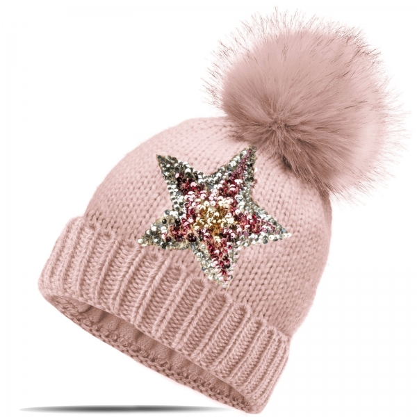 Strickmütze Glitzer Pailletten Stern Wintermütze mit Teddyfutter und Fellbommel