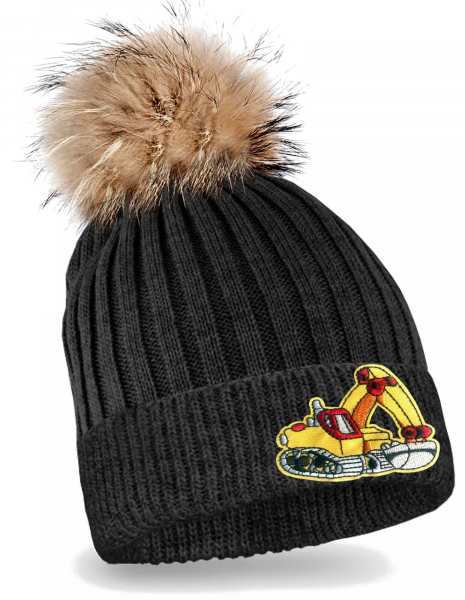 Bagger Strickmütze mit Bommel Kinder Beanie Gelber Bagger