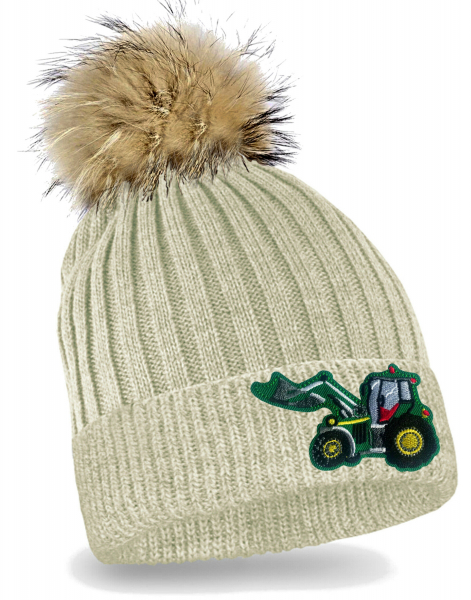 Traktor Strickmütze mit Bommel Kinder Beanie Grüner Schlepper