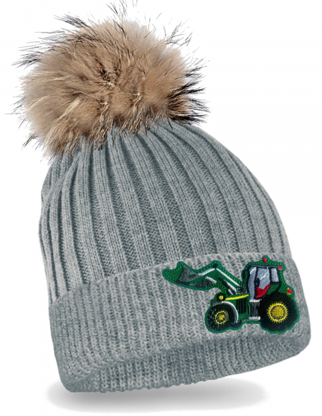 Traktor Strickmütze mit Bommel Kinder Beanie Grüner Schlepper