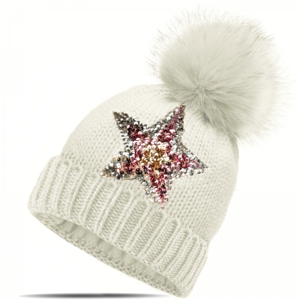 Strickmütze Glitzer Pailletten Stern Wintermütze mit Teddyfutter und Fellbommel