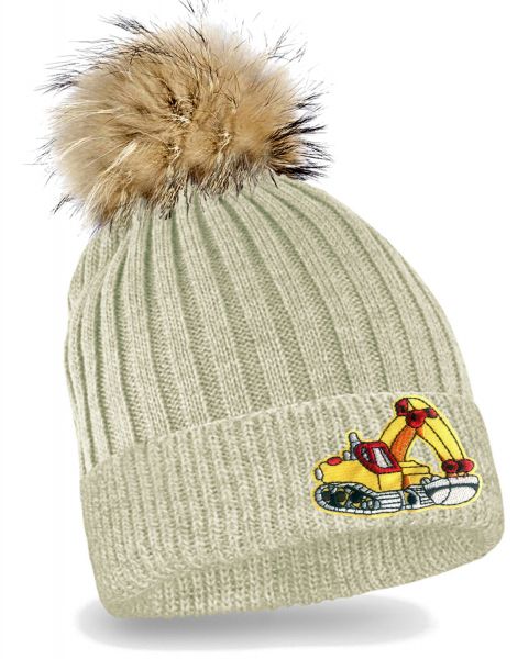 Bagger Strickmütze mit Bommel Kinder Beanie Gelber Bagger