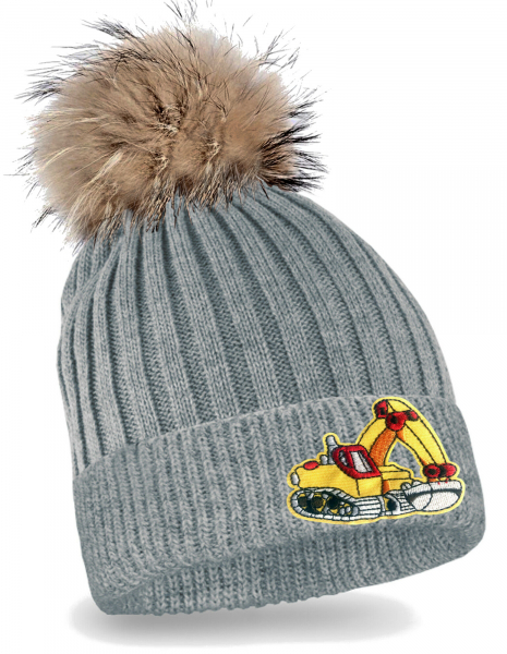 Bagger Strickmütze mit Bommel Kinder Beanie Gelber Bagger
