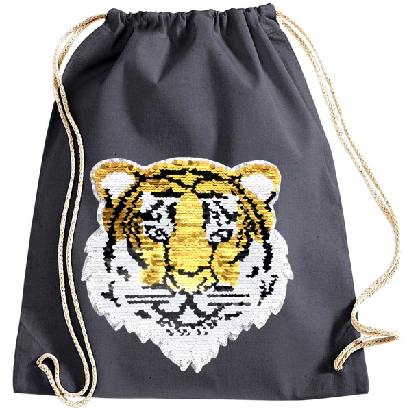 Kinder Turnbeutel Wendepailletten Tiger - Sportbeutel Sportsack Turnsack Gymbag Gymsack - Grau