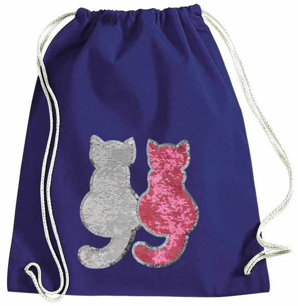 Kinder Turnbeutel Wendepailletten Katzen Sportbeutel Sportsack Turnsack Gymbag Gymsack Blau