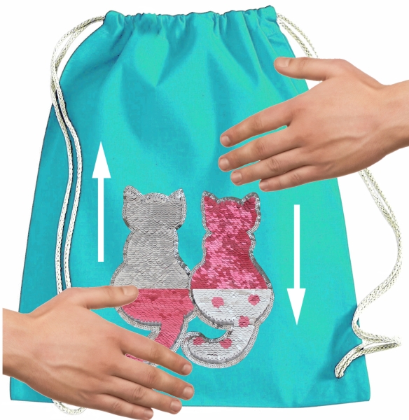 Kinder Turnbeutel Wendepailletten Katzen Sportbeutel Sportsack Turnsack Gymbag Gymsack Türkis