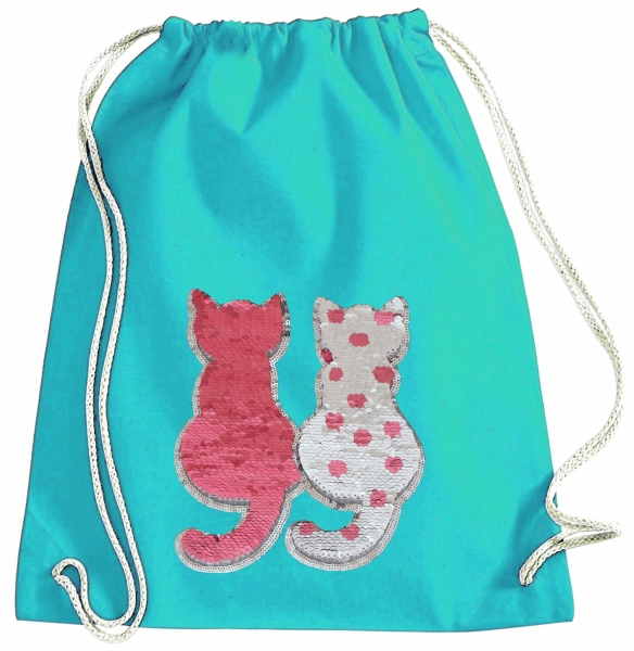 Kinder Turnbeutel Wendepailletten Katzen Sportbeutel Sportsack Turnsack Gymbag Gymsack Türkis
