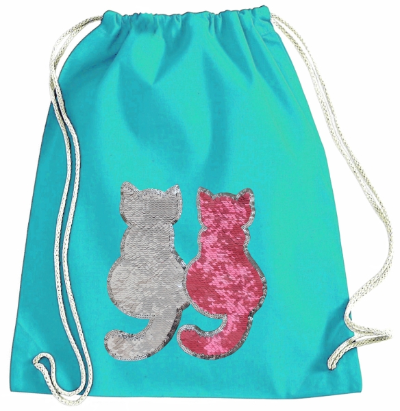Kinder Turnbeutel Wendepailletten Katzen Sportbeutel Sportsack Turnsack Gymbag Gymsack Türkis