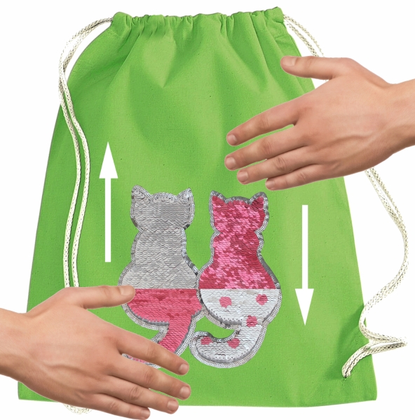 Kinder Turnbeutel Wendepailletten Katzen Sportbeutel Sportsack Turnsack Gymbag Gymsack Grün