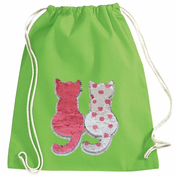 Kinder Turnbeutel Wendepailletten Katzen Sportbeutel Sportsack Turnsack Gymbag Gymsack Grün