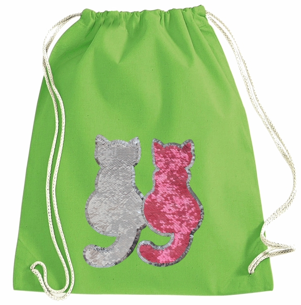 Kinder Turnbeutel Wendepailletten Katzen Sportbeutel Sportsack Turnsack Gymbag Gymsack Grün