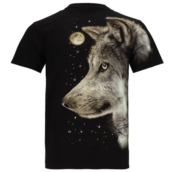 T-Shirt Wolf im Vollmond - Damen Herren Heulende Wölfe Shirt - Schwarz