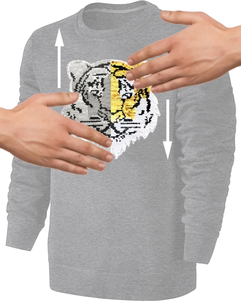 Kinder Wendepailletten Sweatshirt Tiger - Streichel Pullover Pulli Hoodie - Grau