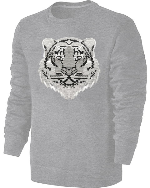 Kinder Wendepailletten Sweatshirt Tiger - Streichel Pullover Pulli Hoodie - Grau