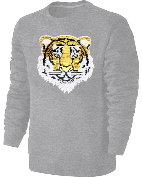 Kinder Wendepailletten Sweatshirt Tiger - Streichel Pullover Pulli Hoodie - Grau