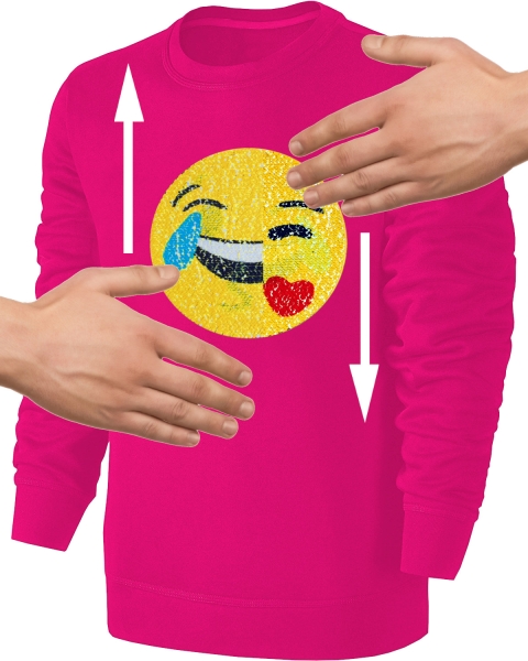 Kinder Wendepailletten Sweatshirt Emoticon Kussmund / Lachtränen - Mädchen Streichel Pullover Pulli Hoodie - Pink