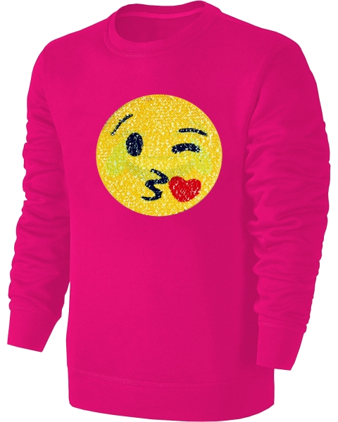 Kinder Wendepailletten Sweatshirt Emoticon Kussmund / Lachtränen - Mädchen Streichel Pullover Pulli Hoodie - Pink