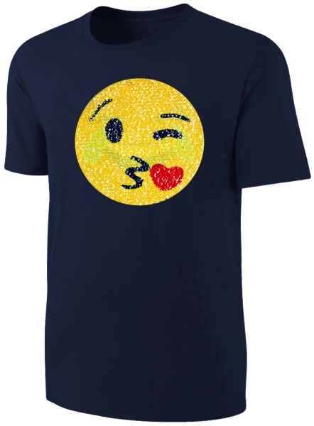 Kinder Wendepailletten T-Shirt Emoticon mit Kussmund / Lachtränen - Lachgesicht Streichel Shirt - Dunkelblau