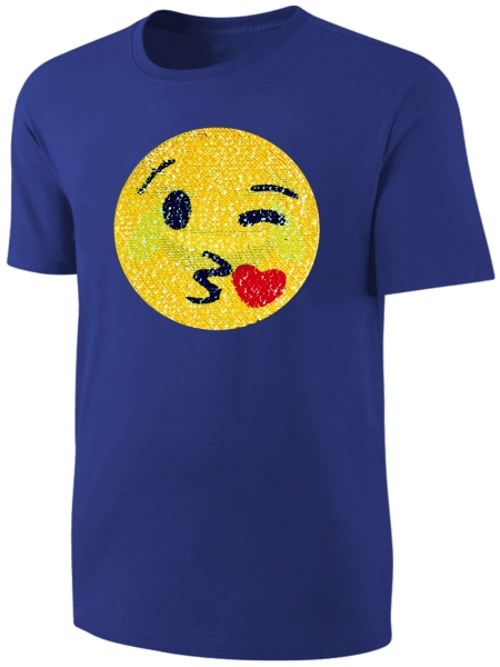 Kinder T-Shirt Wende Pailletten Emoticon  Kussmund Streichel Shirt Blau