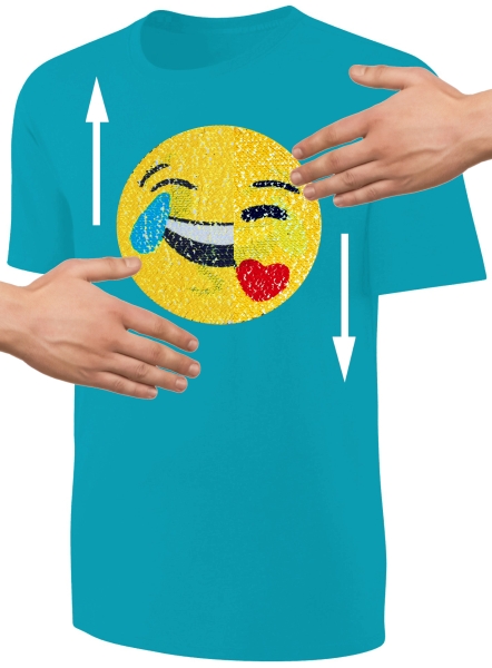 Kinder Wendepailletten T-Shirt Emoticon mit Kussmund / Lachtränen - Lachgesicht Streichel Shirt - Türkis