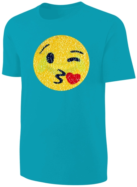 Kinder Wendepailletten T-Shirt Emoticon mit Kussmund / Lachtränen - Lachgesicht Streichel Shirt - Türkis