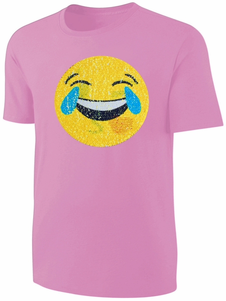 Kinder Wendepailletten T-Shirt Emoticon mit Kussmund / Lachtränen - Lachgesicht Mädchen Streichel Shirt - Rosa