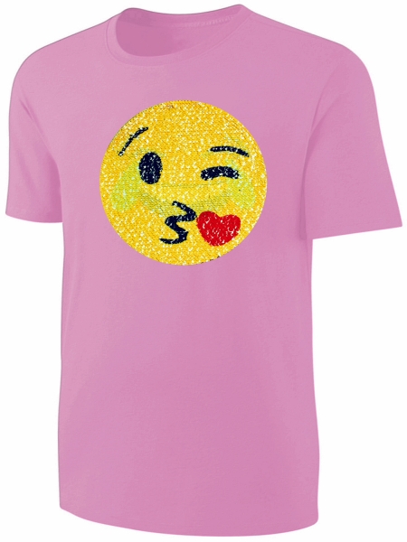 Kinder Wendepailletten T-Shirt Emoticon mit Kussmund / Lachtränen - Lachgesicht Mädchen Streichel Shirt - Rosa