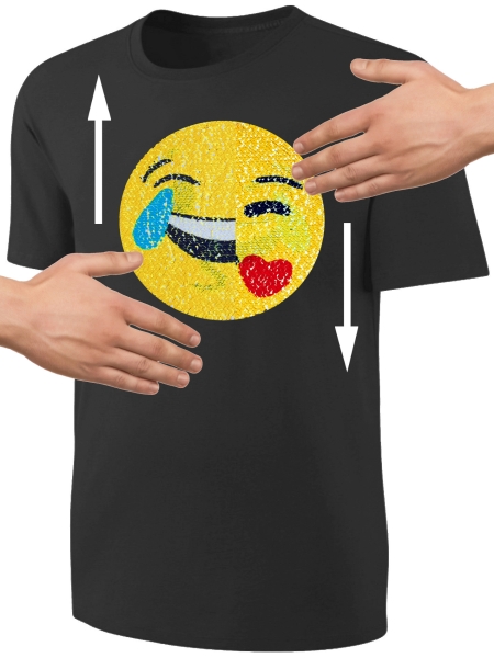 Kinder Wendepailletten T-Shirt Emoticon mit Kussmund / Lachtränen - Lachgesicht Streichel Shirt - Schwarz