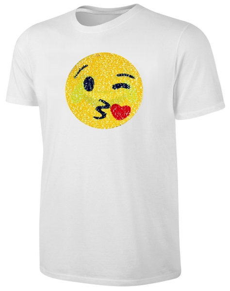 Kinder Wendepailletten T-Shirt Emoticon mit Kussmund / Lachtränen - Lachgesicht Streichel Shirt - Weiß