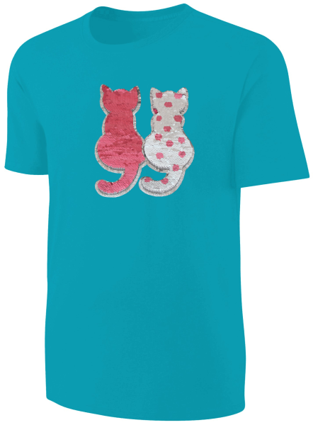 Kinder Katzen Wendepailletten T-Shirt - Kätzchen Streichel-Shirt - Türkis