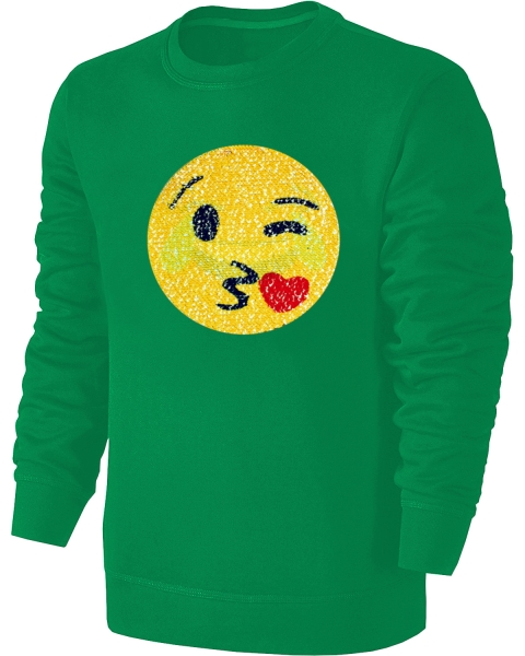 Kinder Wendepailletten Sweatshirt Emoticon Kussmund / Lachtränen - Streichel Pullover Pulli Hoodie - Grün