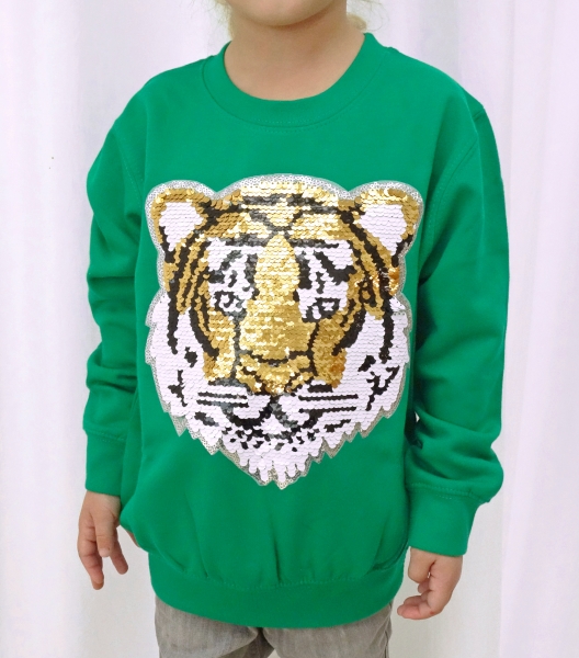 Kinder Wendepailletten Sweatshirt Tiger Streichel Pullover Pulli Hoodie Grün