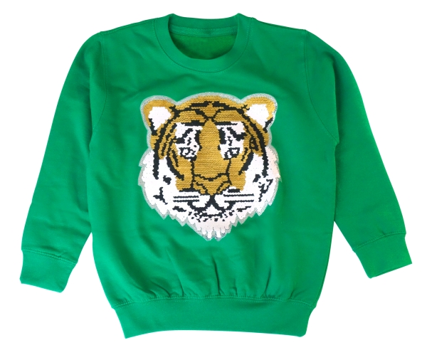 Kinder Wendepailletten Sweatshirt Tiger Streichel Pullover Pulli Hoodie Grün