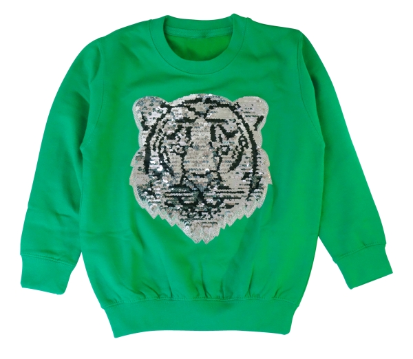Kinder Wendepailletten Sweatshirt Tiger Streichel Pullover Pulli Hoodie Grün