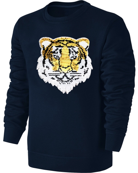 Kinder Wendepailletten Sweatshirt Tiger - Streichel Pullover Pulli Hoodie - Deep Navy Blue Blau / Dunkelblau